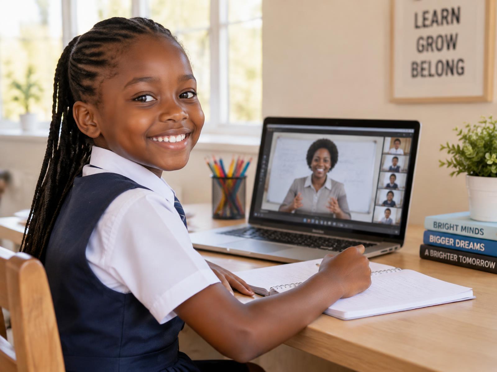 A young student in uniform smiling during a live online class on her laptop at home