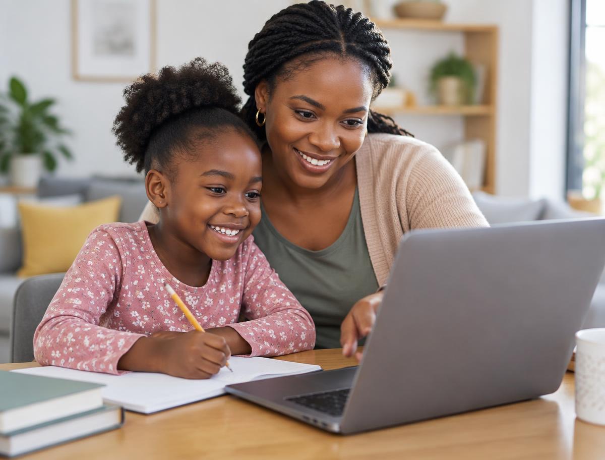 A mother helping her daughter with school work on a laptop at home