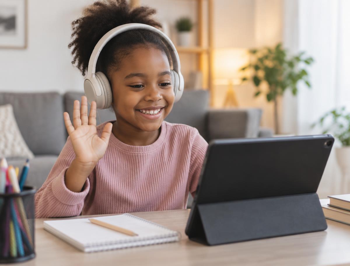 A young child abroad waving at her teacher during an online lesson on a tablet at home
