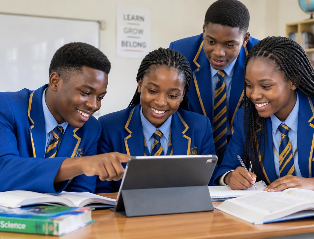 Nigerian secondary school students in blue and gold uniforms studying together with a tablet