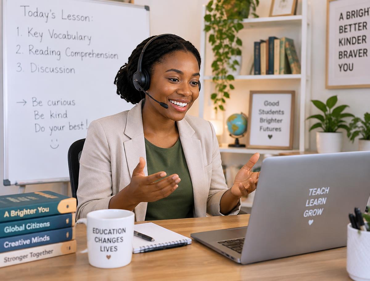 An African teacher wearing a headset teaching a live online lesson from her study